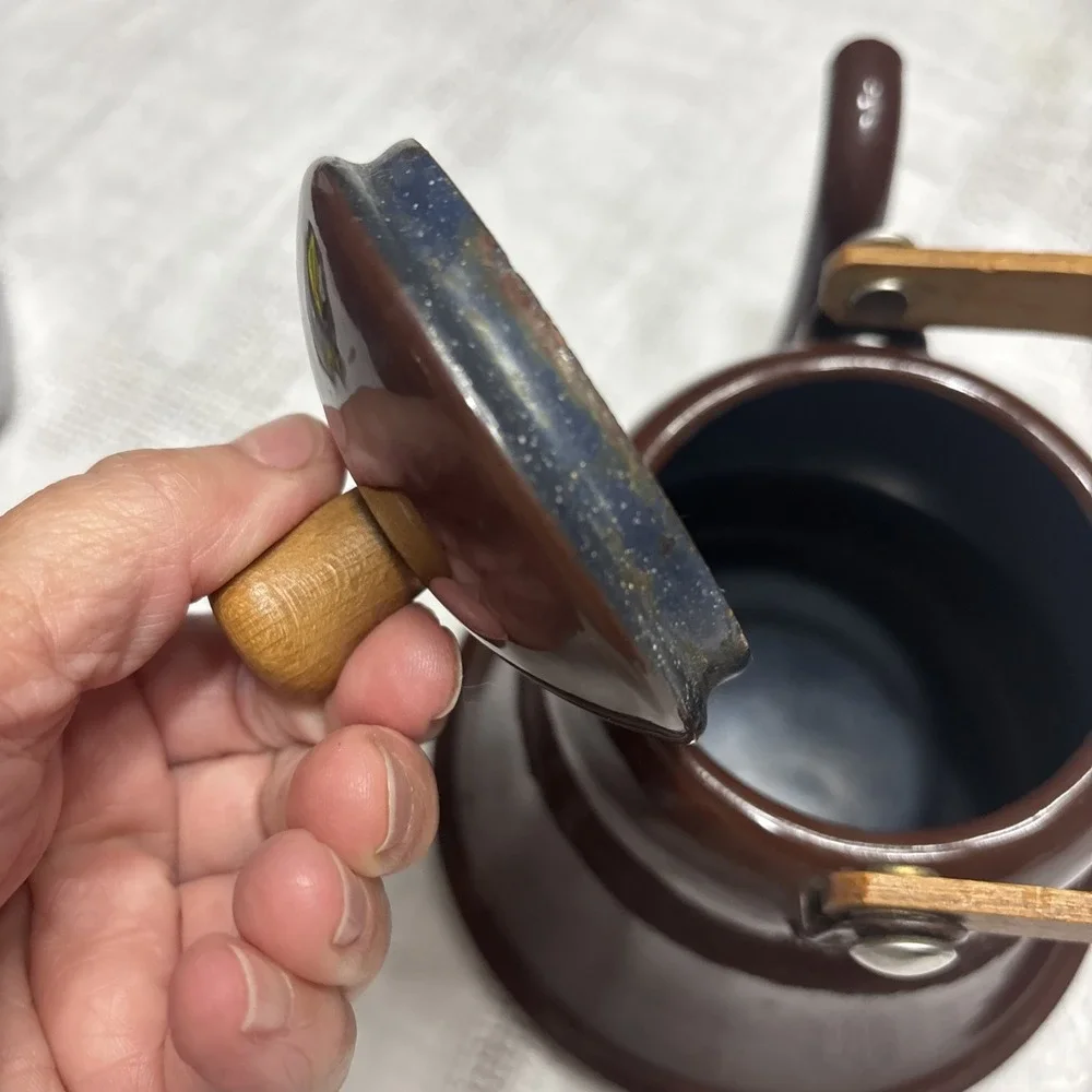 Pretty Shiny Rich Brown Enamel Ware Tea Kettle Metal Farmhouse Cottage Rustic